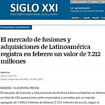 El mercado de fusiones y adquisiciones de Latinoamrica registra en febrero un valor de 7.212 millones